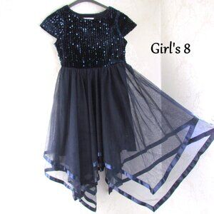 GIRL'S FANCY DRESS, 8, HANDKERCHIEF HEM, SEQUINED BODICE, NAVY BLUE, SPEECHLESS